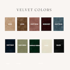 a collection of color swatches for velvet fabric, including various shades of beige, camel, dusty rose, burgundy, dusty blue, navy blue, sage green, emerald green, ivory, and black.