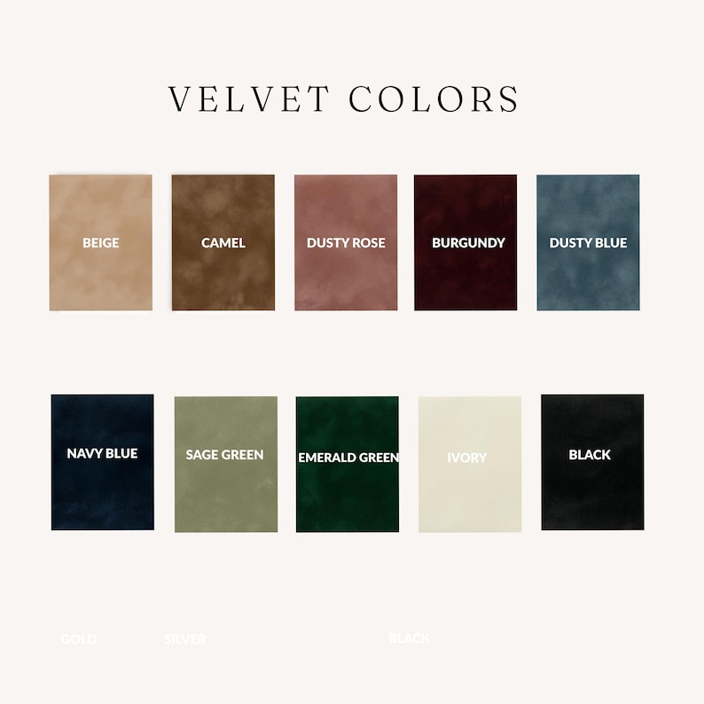 a collection of color swatches for velvet fabric, including various shades of beige, camel, dusty rose, burgundy, dusty blue, navy blue, sage green, emerald green, ivory, and black.