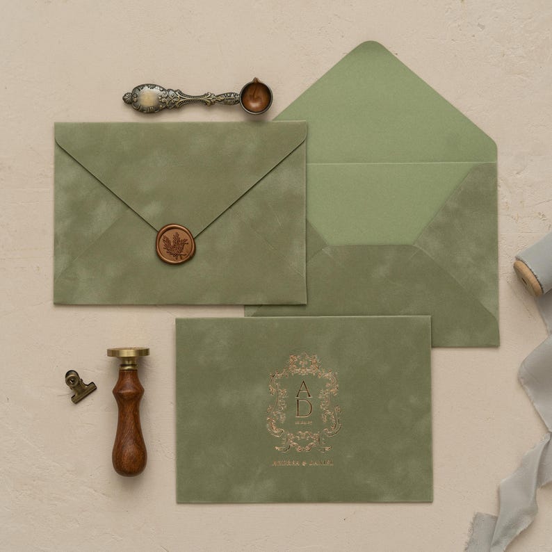 a collection of green envelopes, a wooden seal, a brass clip, and a ribbon, all arranged on a light-colored surface.