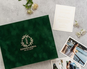 Foil Stamped Velvet Keepsake Box - Handmade Wedding Memory Box with Raised Monogram & Date