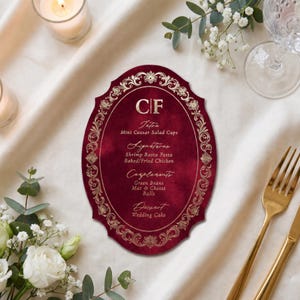 Personalized Velvet Wedding Menu, Gold Foil Monogram, Vintage Oval Reception Menu
