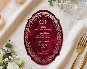 Personalized Velvet Wedding Menu, Gold Foil Monogram, Vintage Oval Reception Menu