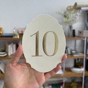A hand is holding a white oval-shaped object with the number "10" printed on it.