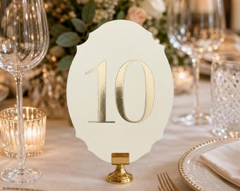 Ivory Champagne Velvet Table Numbers with Gold Foil, Die Cut Wedding Cards, With Gold Holders