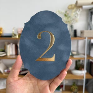 A hand is holding a blue oval-shaped object with a gold letter "V" on it.