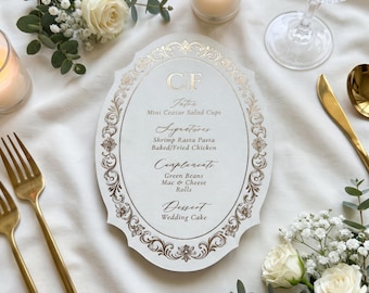 Vintage Oval Wedding Menu, Custom Velvet Dinner Card, Gold or Silver Foil