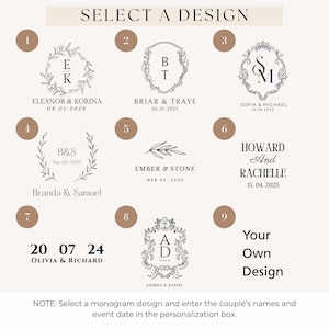 a selection of monogram designs for a couple's wedding, along with their names and event date.