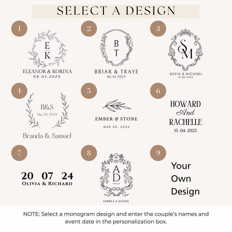 a selection of monogram designs for a couple's wedding, along with their names and event date.