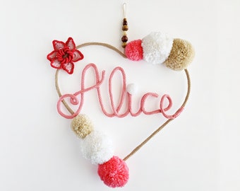Heart shaped baby girl nursery name sign with pom poms | Handmade wire wall art