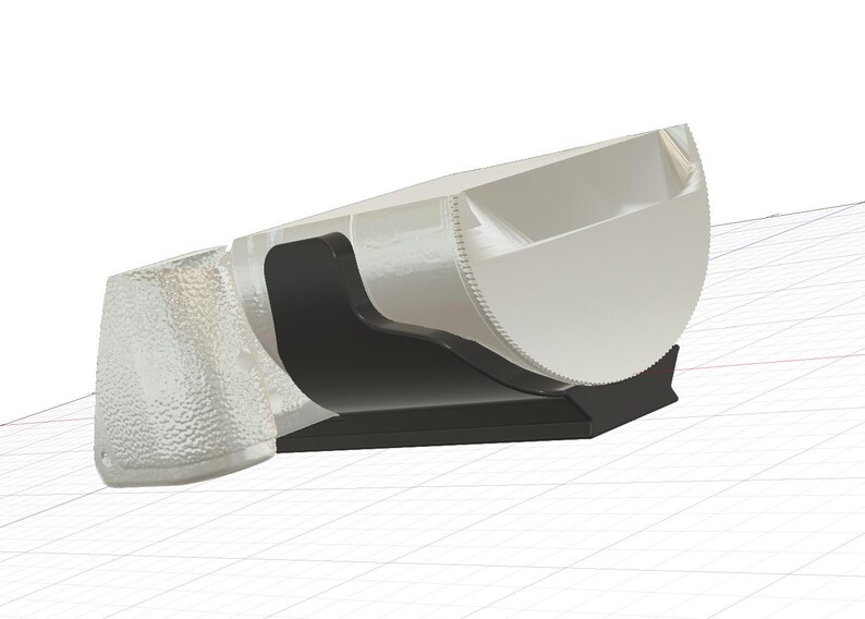 May include: A 3D-rendered object with a white, semi-circular design and a textured, transparent end. It is supported by a black base and a black, curved support.