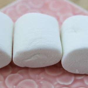 May include: Three large, white marshmallows arranged on a pink, square plate with a floral pattern. The marshmallows are cylindrical with rounded edges, and the plate has a slightly raised rim.