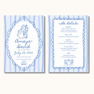 Bewerkbare sjabloon blauwe huwelijksuitnodiging • Canva-doodlestijl • Afdrukbare kaart met uitnodiging en details • Direct downloaden • Grillige handgetekende