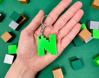 Block Mining Style Letter Keyrings - Birthday Decor - Party Bag Filler - Stocking Filler - Miner Block Fan - Personalised Gift for Kids