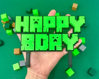 Bloque de minería estilo feliz cumpleaños pastel topper / signo de pastel de cumpleaños / signo de pastel de minería de bloque / decoración de pastel de fiesta de cumpleaños minero /