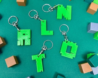 Block Mining Style Letter Keyring - Birthday Decor - Party Bag Filler - Stocking Filler - Miner Fan - Personalised Gift for Kids - Keychain