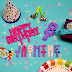 Celebration Cake Set - Happy Birthday Sign and Numbers - Cake Topper - Brick Construction Birthday Party Number - Cake Number for Kids