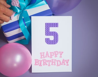 Personalised Building Brick Fan l Colourful Pink Pencil Kids Custom Number Birthday Card l Rainbow Colours Customisable Age