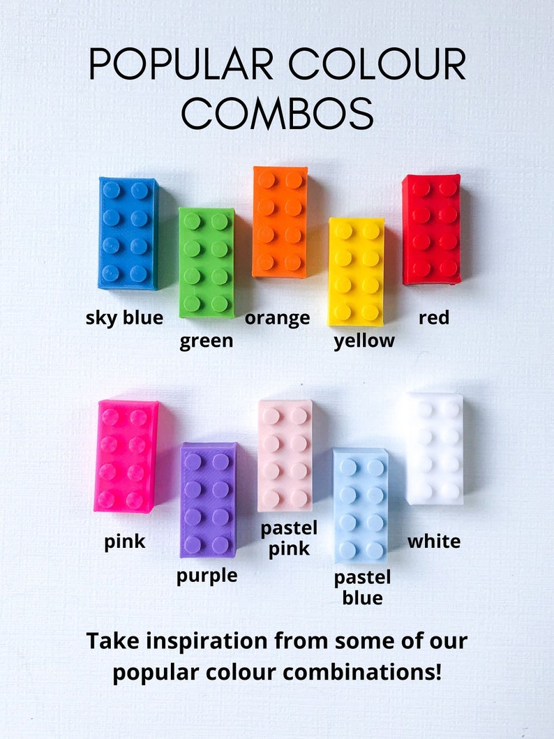 May include: Image featuring colorful toy building blocks in various shades, including sky blue, green, orange, yellow, red, pink, purple, pastel pink, pastel blue, and white. Text reads "POPULAR COLOUR COMBOS" and "Take inspiration from some of our popular colour combinations!"