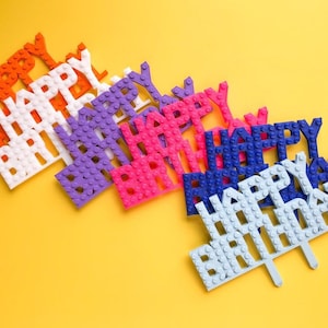 Boy Happy Birthday Cake Topper for 1st Birthday, Happy Birthday Cake Topper Block Letters, Building Bricks Cake Topper for Boys Birthday