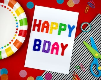HAPPY BDAY CARD Personalised Building Brick Fan Colourful Crayon Kids Custom Birthday Card Rainbow Colours Customisable