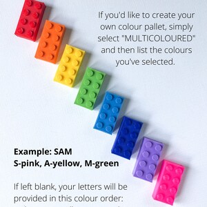 May include: A rainbow array of colorful building blocks, including red, orange, yellow, green, blue, purple, and pink. The word "MULTICOLOURED" is at the top. Text explains how to select a custom color palette. Example: SAM, S-pink, A-yellow, M-green.