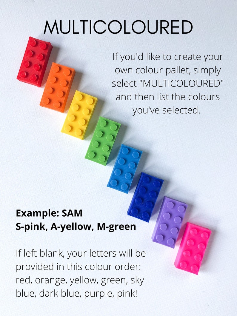 May include: A rainbow array of colorful building blocks, including red, orange, yellow, green, blue, purple, and pink. The word "MULTICOLOURED" is at the top. Text explains how to select a custom color palette. Example: SAM, S-pink, A-yellow, M-green.