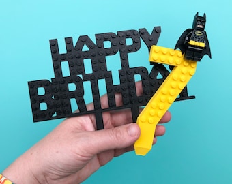 Super Hero Celebration Cake Set - Happy Birthday Sign and Number - Cake Topper - Brick Construction - Spider Birthday Party Number