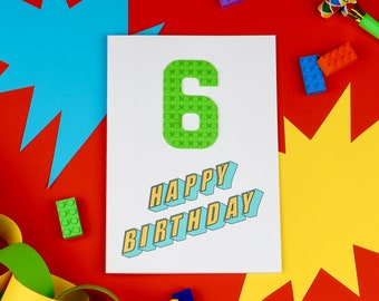 Personalised Building Brick Fan Colourful Action Superhero Kids Custom Birthday Card Rainbow Colours Customisable Age