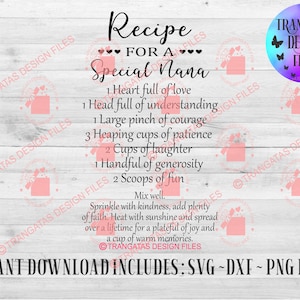 Recipe for a Special Nana Download File, Nana Svg, Nana Svg, Grandma Svg, Recipe svg, Grandmother, Nana Svg