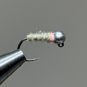 May include: Close-up of a fishing fly. The fly has a silver bead head, a black hook, and a body wrapped in light green material with a pink band. The fly is designed for fishing.