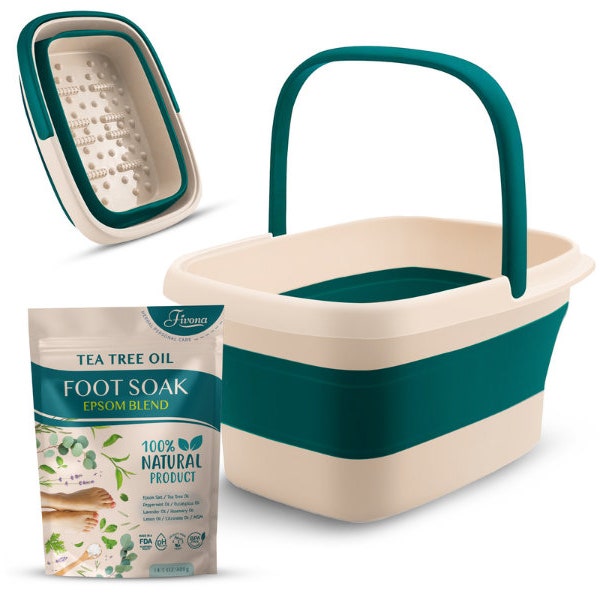 Fivona Kit de cuidado de pies 2 en 1 - Mezcla de árbol de té para remojo de pies - Lavabo plegable para remojo de pies - Remojo de spa para pedicura
