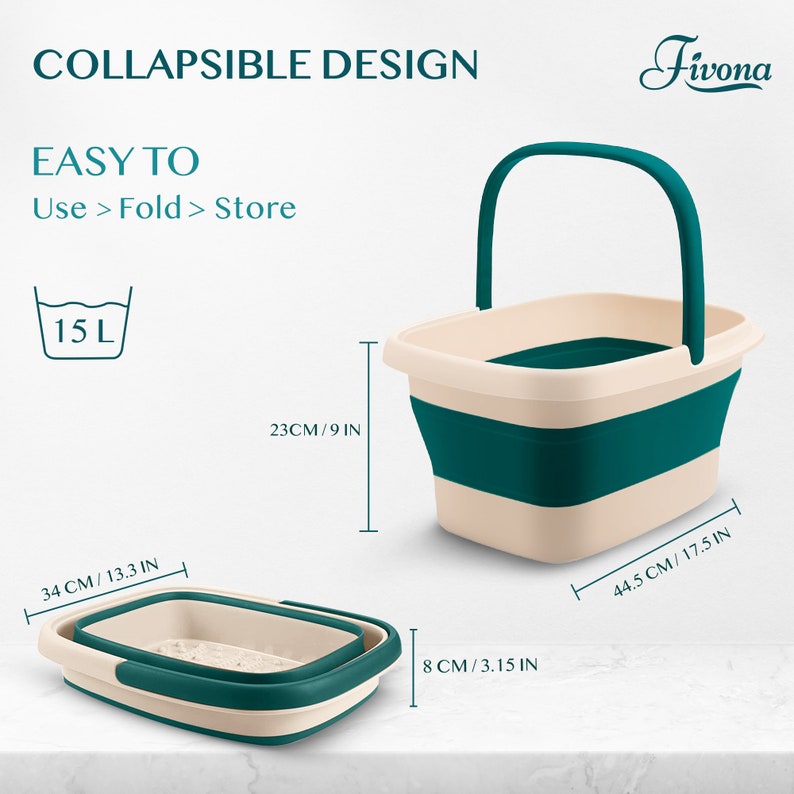 May include: A collapsible teal and beige bucket with a teal handle. The bucket is shown both open and folded. The open bucket measures 17.5 inches long, 13.3 inches wide, and 9 inches high. The bucket holds 15 liters. Text on the image reads "Collapsible Design" and "Easy to Use > Fold > Store."