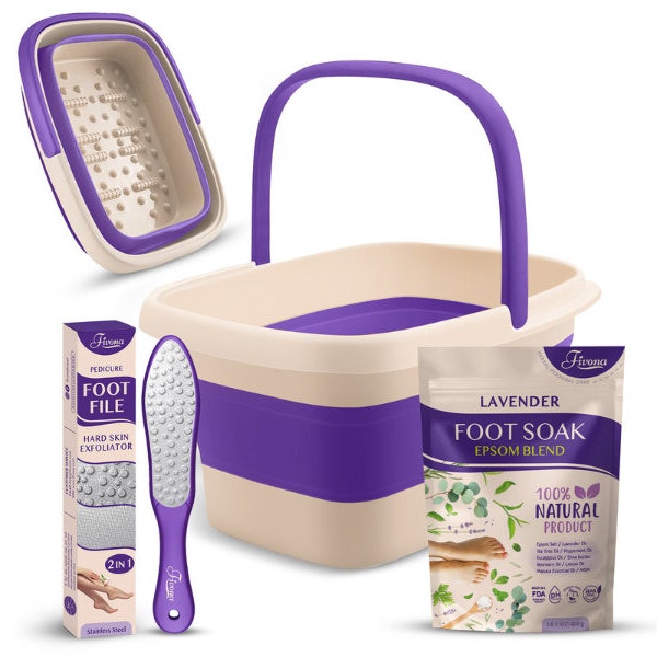 Fivona Kit de cuidado de pies 3 en 1 - Mezcla de remojo de pies con sal de Epsom, lavanda y aceites esenciales - Lavabo plegable para remojo de pies - Lima para pies