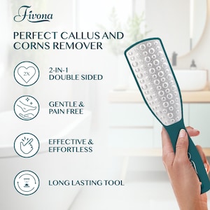 May include: A teal foot file with a textured surface and a teal handle. The text on the image reads "Fivona PERFECT CALLUS AND CORNS REMOVER". The product is described as 2-in-1, double-sided, gentle, pain-free, effective, effortless, and a long-lasting tool.