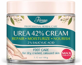 May include: A jar of Fivona Urea 42% Cream for foot care. The label is teal and white, with text that reads "Repair, Moisturize, Nourish" and "2% Salicylic Acid." It is designed for dry, cracked, and calloused skin. The jar contains 3.52 oz/100g.