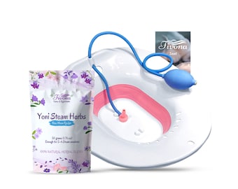 May include: A white plastic yoni steam seat with a pink inner ring and a blue hose attached to a blue bulb. A bag of yoni steam herbs with a purple and white floral design is labeled "Fivona Detox & Rejuvenation Yoni Steam Herbs Blue Moon Recipe 50 grams (1.76 oz) Enough for 2-4 Steam sessions 100% NATURAL HERBAL BLEND". A white card with the text "Fivona Seat" is in the background.