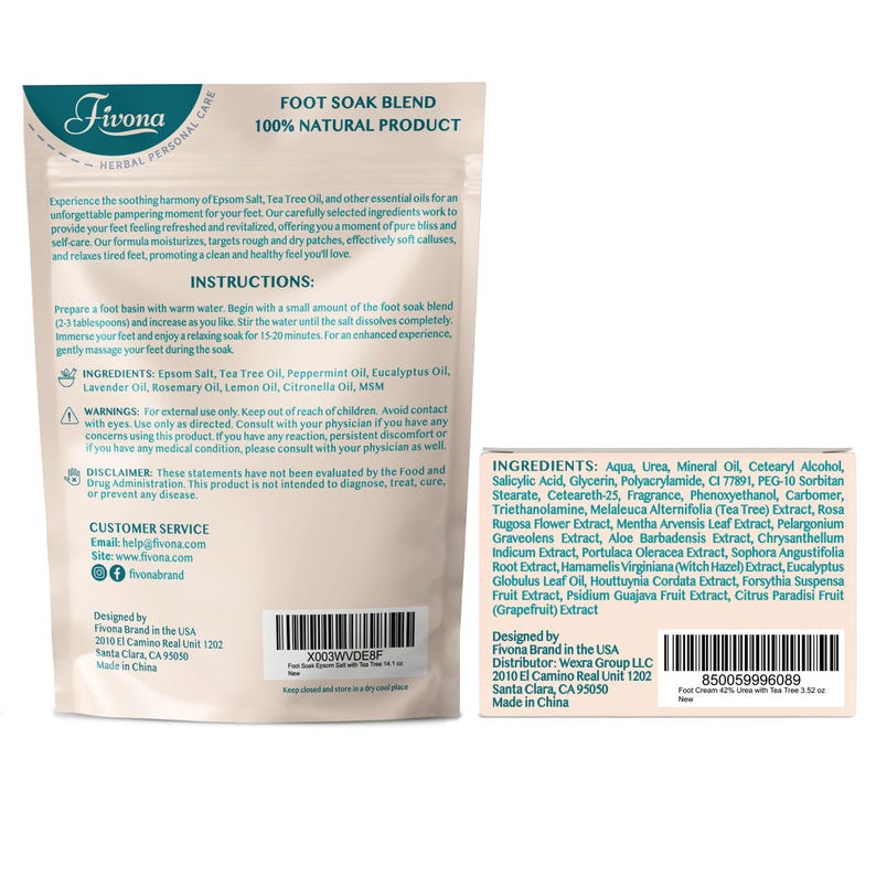 May include: A package and a box of Fivona Herbal Personal Care foot soak blend. The package is white with the brand logo and product information. The box lists ingredients, including Tea Tree Oil and Epsom Salt, and instructions for use.