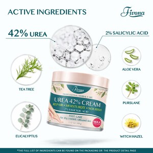 May include: A jar of Fivona Urea 42% Cream for foot care, with the text "Repair, Moisturize, Nourish". The image includes illustrations of tea tree, eucalyptus, aloe vera, purslane, and witch hazel. The jar contains 3.52 oz / 100 g.