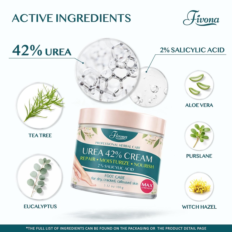 May include: A jar of Fivona Urea 42% Cream for foot care, with the text "Repair, Moisturize, Nourish". The image includes illustrations of tea tree, eucalyptus, aloe vera, purslane, and witch hazel. The jar contains 3.52 oz / 100 g.