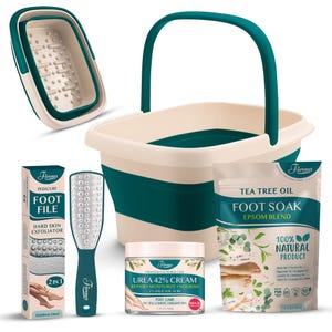 Fivona Foot Care Kit 4 in 1 - Foot Soak Blend with Epsom Salt, Tea Tree Oil - Collapsible Foot Soak Basin - 42% Urea Cream - Foot File