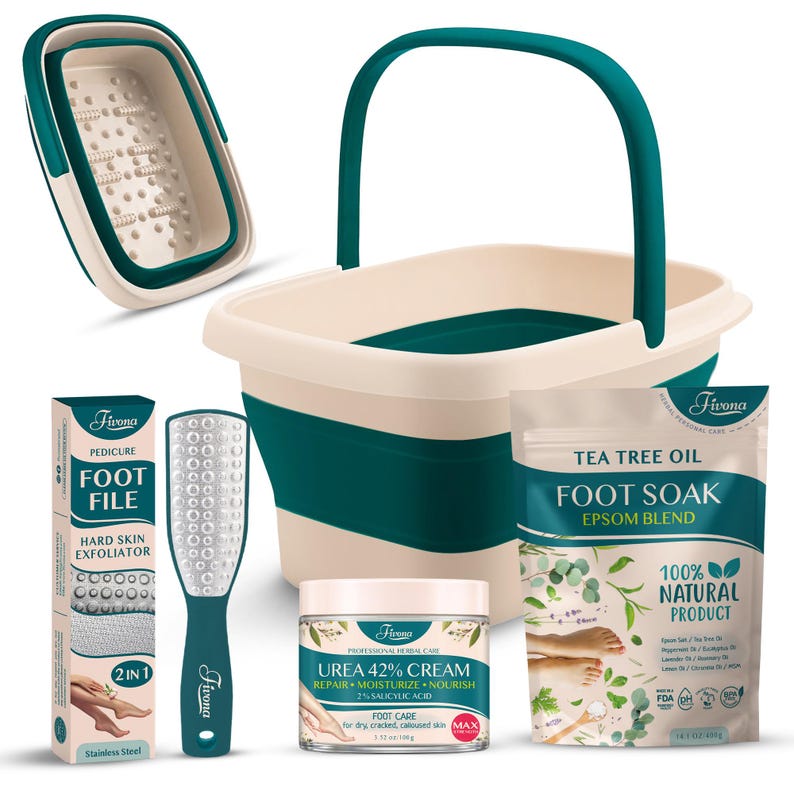 May include: A foot care set featuring a collapsible foot bath, foot file, foot soak, and cream. The products are in shades of teal, white, and beige. The foot file is stainless steel. The packaging includes the brand name "Fivona".