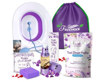 Fivona Yoni Steam Care 6 in 1 Kit - Yoni Oil, Herbal Yoni Bar Soap, V Stream Herbs, Sitz Bath Steamer with Pump and Storage Bag