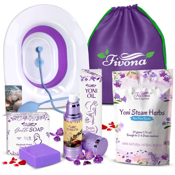 Fivona Yoni Steam Care 6 in 1 Kit - Yoni Oil, Herbal Yoni Bar Soap, V Stream Herbs, Sitz Bath Steamer with Pump and Storage Bag