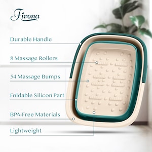 May include: A beige and teal foot spa with the brand name "Fivona". Features include a durable handle, 8 massage rollers, 54 massage bumps, and a foldable silicon part. The spa is made of BPA-free materials and is lightweight.