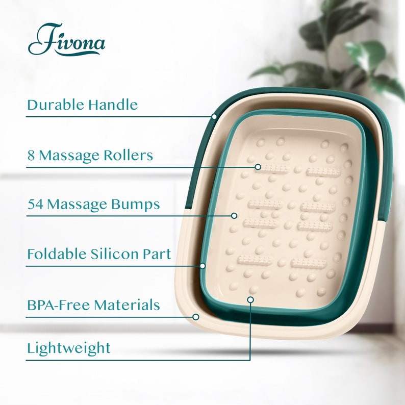 May include: A beige and teal foot spa with the brand name "Fivona". Features include a durable handle, 8 massage rollers, 54 massage bumps, and a foldable silicon part. The spa is made of BPA-free materials and is lightweight.