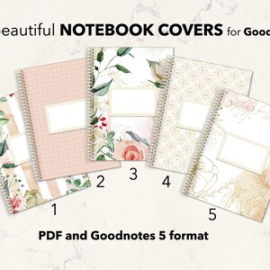 May include: Ten digital notebook covers for Goodnotes app. The covers feature floral designs with gold accents and a pink, white, and beige color scheme. The covers are numbered 1 through 5.