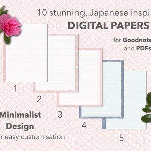 May include: Ten digital papers inspired by Japanese design, featuring minimalist lines and a pink and blue colour scheme. These papers are perfect for use in Goodnotes 5 and PDFs.