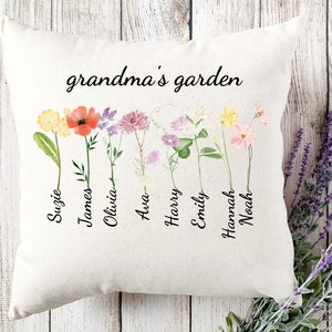 Grandma's garden Pillow with Grandkids Names, Personalized Birthflower Pillow, Family Name Pillow, Christmas Gift, Gift for Grandma