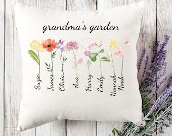 Personalized Birthflower Pillow, Grandma's Garden with Grandkids Names