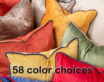 Velvet Throw Pillow, Luxury Velvet Pillow with Piping, Zipper Velvet Cushion Cover, 58 color cover and piping options